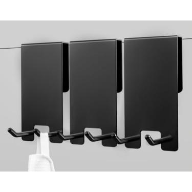 Imagem de Ganchos de porta de chuveiro (pacote com 3), ganchos de toalha pretos para porta de vidro sem moldura, porta de chuveiro de vidro de banheiro, aço inoxidável