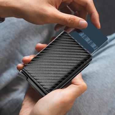 Imagem de Carteira masculina com suporte para cartão pop-up, carteira de poliuretano com bloqueio de RFID, design fino e minimalista com compartimento para dinheiro, bolso frontal para homens, comporta de 9 a