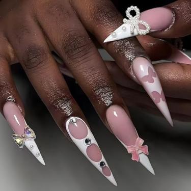 Imagem de Kit de unhas de pressão longas stiletto nude francês com design de laço 3D, strass prensa acrílica cobertura completa vara falsa no prego para mulheres uso diário casamento manicure 24 peças