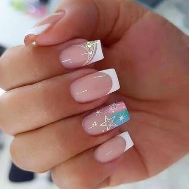 Imagem de Kit de unhas de pressão quadradas médias francesas brancas falsas com design de estrela Y2K acrílico artificial prensas falsas cobertura completa para mulheres uso diário manicure casamento 24 peças