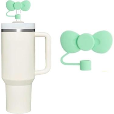Imagem de Topo de palha de silicone com laço verde fofo para Stanley 30 e 1,134 g, tampa de palha à prova de respingos, capa de canudo reutilizável, capas de ponta de canudo de 10 mm para Stanley