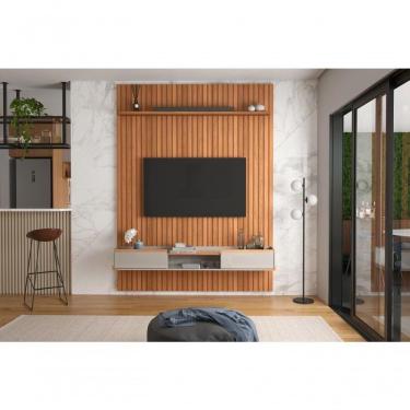 Imagem de Conj. Painel Frisado Oslo Jequitiba + Bancada Atlas 1.9 Jequitiba Off White Lukaliam