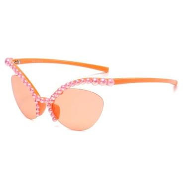 Imagem de HCPIHF Óculos de armação grande com armação de pérola para mulheres da moda (laranja-laranja)