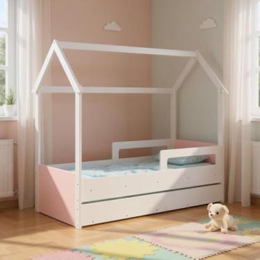 Imagem de Cama Infantil Montessoriana com 2 Colchões Casinha Auxiliar - Branco/rosa