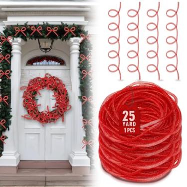 Imagem de Arrowbash Tubo de malha de decoração vermelha de Natal para grinaldas, 8 mm x 25 jardas de malha metálica fitas de poliéster tubo flexível de folha metálica flexível para artesanato DIY