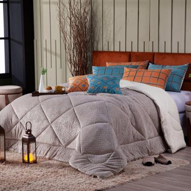 Imagem de Cobertor Caqui+Almofadas Queen 7Pçs DuplaFace Sherpa E Manta