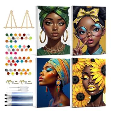 Imagem de HeeBenor Pacote com 4 kit de pintura por números para mulheres negras para adultos tela emoldurada, pintura feminina negra por número com cavalete, kits de pintura para adultos DIY por números tela