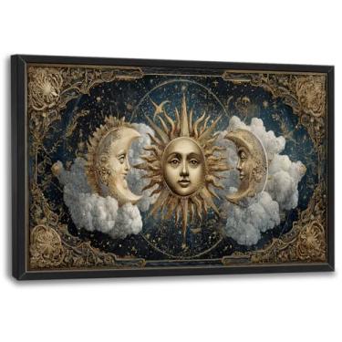 Imagem de Arte de parede grande para sala de estar, sol e lua, tela celestial, decoração de parede, imagens de tarô, pinturas de astrologia, impressões místicas, grande vintage, arte estética, decorações