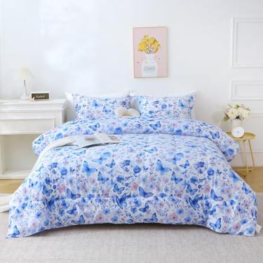 Imagem de Mooreeke Jogo de cama queen floral, estampa de borboleta violeta e flores para todas as estações, cama vintage de 3 peças em uma bolsa com edredom acolchoado fofo reversível e 2 fronhas