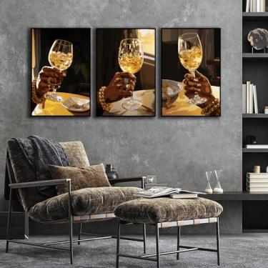 Imagem de Quadro de bar de mulheres negras arte de parede em tela afro-americana moda pintura masculina preta champanhe coquetel arte de parede bebida copo de vinho tela moderna arte afro-americana sala de