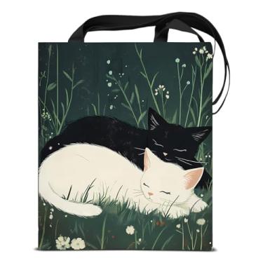 Imagem de KSFFWQIN Sacola de lona preta e branca para mulheres, casal, gatinhos dormindo, estética, floral, reutilizável, bolsa de ombro para compras, academia, viagem, trabalho, amantes de gatos, presentes
