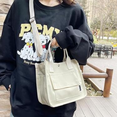 Imagem de Sacola de lona Lagre com vários bolsos e alça de ombro destacável, sacolas de compras de supermercado reutilizáveis, branca