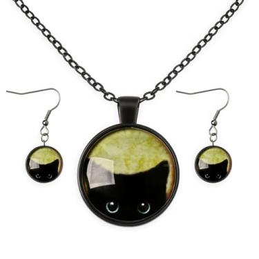 Imagem de Tondiamo Conjunto de colar e brincos de gato preto que brilha no escuro para mulheres, joias de Halloween, acessórios góticos, Necklace: approx. 27.6 inch/70 cm in length, liga, aço inoxidável, resina