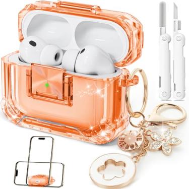 Imagem de Capa com trava de segurança para AirPods Pro 3 (2025), capas transparentes para Airpods Pro 3ª geração, TPU macio para iPod Pro 3 com chaveiro fofo e kit de limpeza para mulheres e meninas - laranja