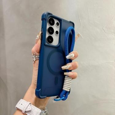 Imagem de HJZSZX Capa de PC rígida translúcida fosca para S25Ultra, capa protetora de airbag de luxo à prova de choque com corda magnética (para S25Ultra/azul profundo)