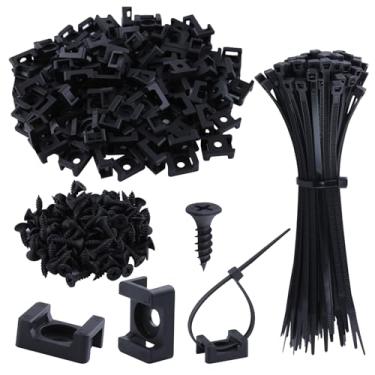 Imagem de 100 peças de suporte tipo sela com fecho de correr, base com 100 peças de abraçadeiras de nylon de 15 cm e clipes de arame com parafuso de rosca, grampos organizadores para base, parede ou mesa, preto