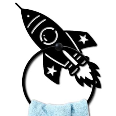 Imagem de MAYJOYDIY Anel de toalha de metal foguete redondo com desenho animado foguete com estrelas, suporte de toalhas, organizador de parede para cozinha, banho, casa, lavanderia, decoração, presentes