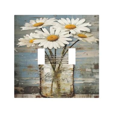 Imagem de Nadoabtm Capas decorativas para placa de interruptor vintage com margaridas brancas, 2 gangs, tampa de interruptor de luz de tomada de interruptor de luz elétrica para quarto, casa