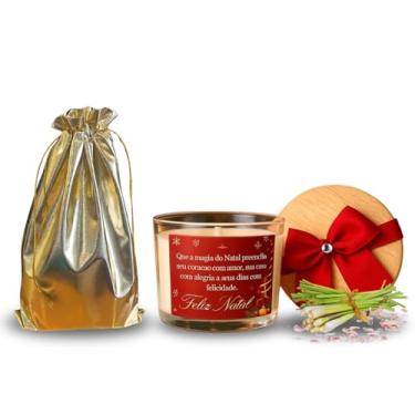 Imagem de Vela Aromática Natalina em Cera de Coco, 100g, Pavio de Algodão, Decorativa com Mensagem Feliz Natal, Recipiente de Vidro com Laço Vermelho (Capim Limão)