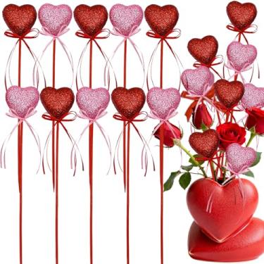 Imagem de 10 peças de palitos de coração com glitter vermelho rosa e brilhante para o dia dos namorados, palitos florais para festa de casamento dos namorados, artesanato, arranjo de haste, vaso de mesa