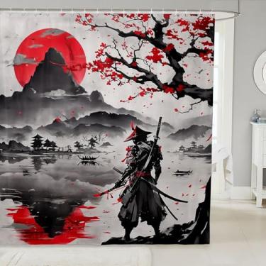 Imagem de jejeloiu Cortina de chuveiro Samurai para decoração de banheiro, cortina de banho estilo japonês para barracas, banheiras, pôr do sol, acessórios de banheiro, tecido de poliéster à prova d'água com 12