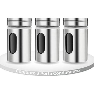 Imagem de Conjunto de Potes para Temperos em Metal Inox 3 Peças 8cm x 4,5cm com Visor e Tampa Ajustável para Condimentos