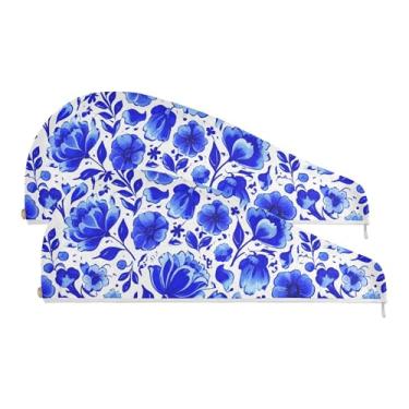 Imagem de SEHANY Bohemia Toalha de cabelo de microfibra flor azul para mulheres 2 peças turbantes de cabelo de secagem rápida com botão, touca de cabelo seco absorvente toalha de secagem de cabelo para cabelos