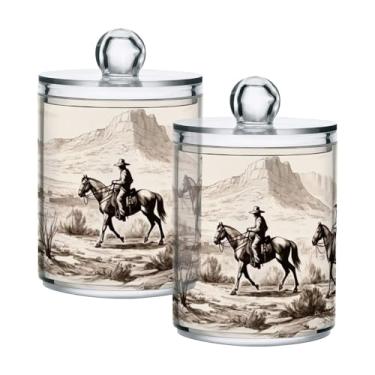Imagem de ATTX Dispensador de suporte Qtip Western Cowboys para bola de algodão, cotonete, frasco de boticário de plástico transparente, pote de armazenamento de cozinha para decoração de casa, pacote com 2