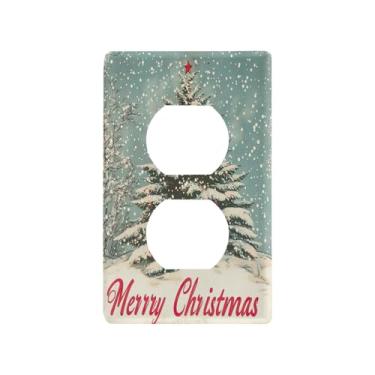 Imagem de Blueangle Placa de parede de tomada dupla para árvore de Natal vintage, tamanho padrão, placas de cobertura de tomada elétrica de 1 gangue para decoração de quarto de escritório em casa, 4,53 x 2,76