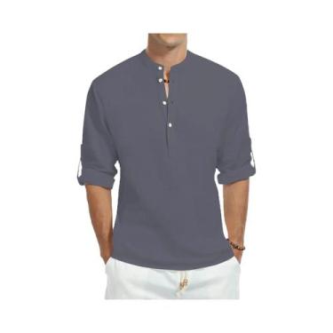 Imagem de Camisa Casual Masculina De Manga Longa Slim Fit Em Algodão Com Gola Al
