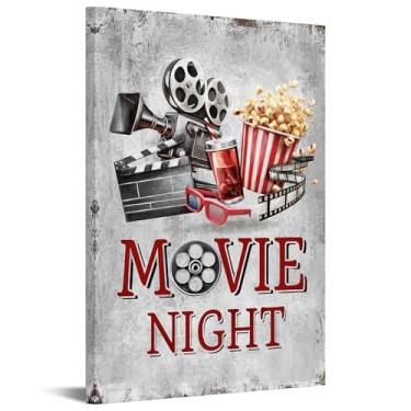 Imagem de KREATIVE ARTS Arte de parede de cinema noturno de cinema retrô 61 x 91 cm com projetor de filme de pipoca e refrigerante, decoração de home theater moderna vintage para sala de estar, lounge, bar