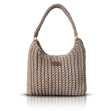 Imagem de Bolsa de ombro de crochê feita à mão para mulheres | Corrente dourada e alça superior | Bolsa de malha boho | Bolsa tiracolo elegante para noite e casual