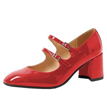 Imagem de Sapato feminino elegante fechado bico redondo de couro envernizado dupla alça monk vintage salto baixo sapato Mary Jane, Vermelho, 42