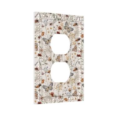 Imagem de Borboletas vintage coloridas flores silvestres lindas abelhas bege folhas de flor 1 gangue capas de tomada duplex receptáculo placa de parede decorativa placa frontal elétrica para decoração de quarto