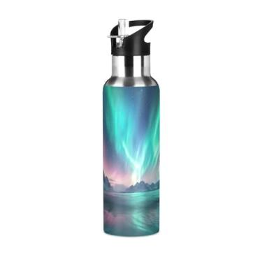 Imagem de Wassud Garrafa de água Northern Lights Garrafa de água esportiva de aço inoxidável com canudo garrafas de água isoladas copo portátil de viagem 947 ml