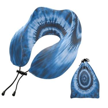 Imagem de CEBUGI Travesseiros de viagem portáteis em forma de U, travesseiro de pescoço de espuma viscoelástica com trava de corda ajustável para avião, viagem, trem, negócios, escritório, soneca (azul tie-dye)
