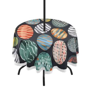 Imagem de CEBUGI Toalha de mesa redonda para uso ao ar livre, ovos de Páscoa, impermeável, com orifício Umberlla, capa de mesa lavável para pátio, cozinha, sala de jantar, 152 cm