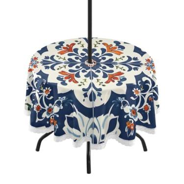 Imagem de CEBUGI Toalha de mesa redonda para uso ao ar livre, estampa floral, impermeável, com furo Umberlla, capa de mesa lavável para pátio, cozinha, sala de jantar, 152 cm