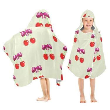 Imagem de Burbuja Cerejas vermelhas com laços toalha de banho com capuz para crianças, toalha de praia de pelúcia macia absorvente para chá de meninas e meninos 3-10 anos, 61 x 127 cm