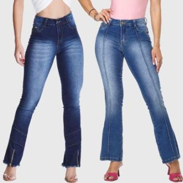 Imagem de Kit 2 Calças Flare Jeans HNO Jeans Petit Flare Azul Friso-Azul Stonada-Feminino