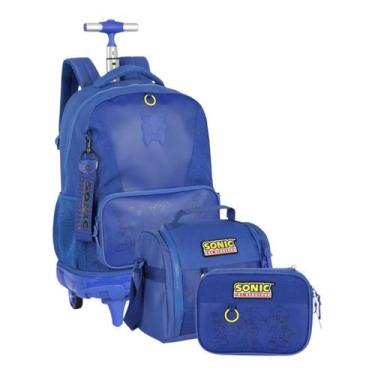 Imagem de Mochila Escolar Rodinhas + Lancheira + Estojo Box Sonic Up4You, Azul
