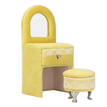Imagem de Cuofyunl mini cadeira flanela macia casa de boneca móveis decoração caixa de armazenamento de jóias creme amarelo (Penteadeira (7 x 3,1 x 2,6 pol.))