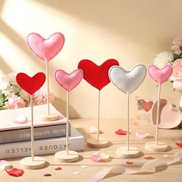 Imagem de Bucherry Pacote com 8 blocos de coração alto em pé conjunto de corações mesa central placa de madeira blocos de pé bandeja em camadas decoração para casa de fazenda escritório (Dia dos Namorados Rosa)