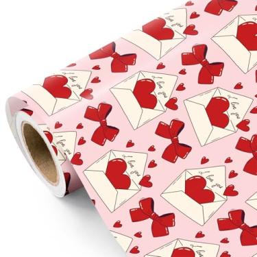 Imagem de WRAPAHOLIC Rolo de papel de embrulho para o Dia dos Namorados - Mini rolo - 43 cm x 40 cm - Envelope com coração e laço vermelho para o dia dos namorados, aniversário, casamento