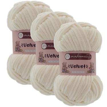 Imagem de Makromecity 3 novelos de fio de veludo 100 g (3,5 oz) / 120 m (132 jardas) fio de chenille premium 100% poliéster, ultra macio, antibolinhas, lavável na máquina, 30 cores para tricô e crochê (creme, 3