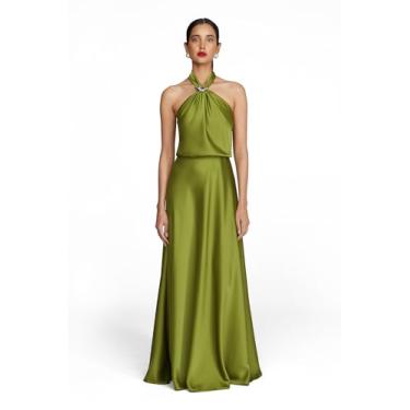 Imagem de HALSTON Vestido feminino Wynn em Charmeuse, Verde musgo, 36
