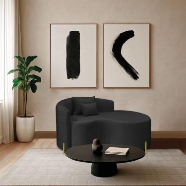 Imagem de Divã Recamier Curvo Sala De Estar Recepção Inglaterra 150cm Pés Metal Dourado Lado Direito Bouclé Preto