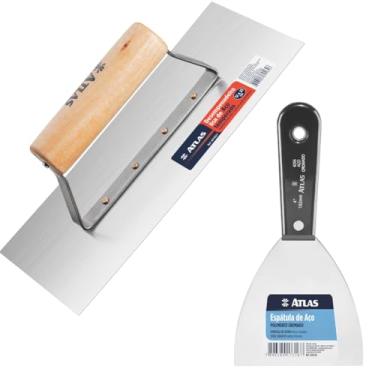 Imagem de Desempenadeira De Aço Lisa e Cabo em Madeira + Espátula de Aço Polido 10cm