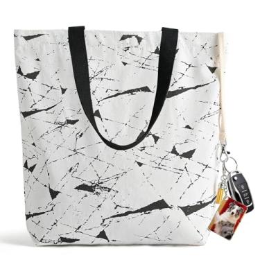 Imagem de OLSUNOR Bolsa de lona com fecho superior de zíper, bolsa feminina de algodão reutilizável média para mulheres. Bolsa de ombro fofa estética estampada dupla face, bolso interno e alça larga para