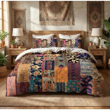 Imagem de CCoutueChen Conjunto de cama solteiro vintage de patchwork, flores de fazenda, para meninas e crianças, conjunto de edredom quente de microfibra com 1 fronha/68 x 86